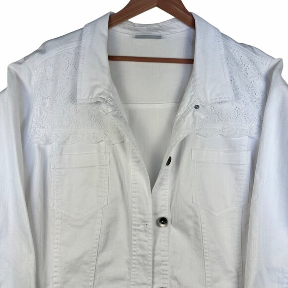 Catherines White Denim Jacket Eyelet Lace Long Sleeves Sz 3X Boho Cottagecore - Picture 3 of 13